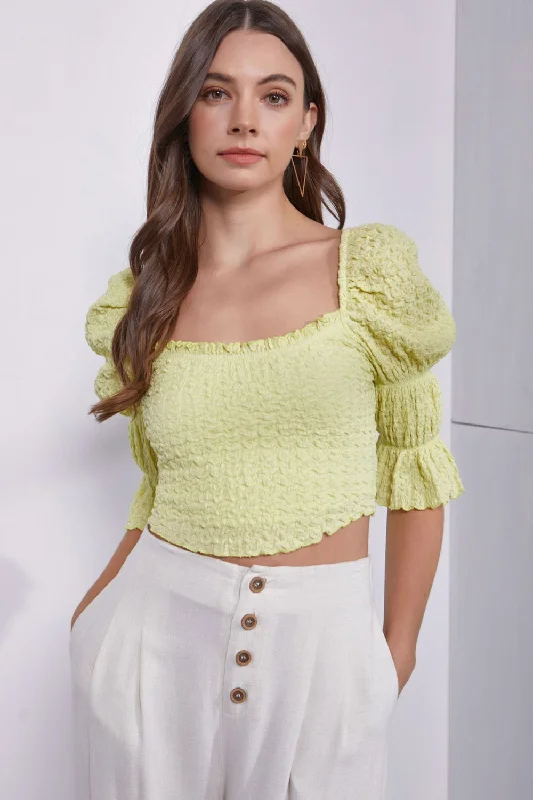 MUSTARD SEED Crinkle Texture Puff Sleeve Crop Top Latest Trends