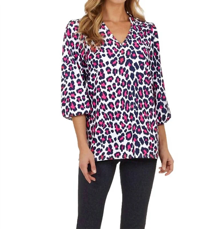 Nadia Tunic Blouse In Leopard Navy/berry Special Offer