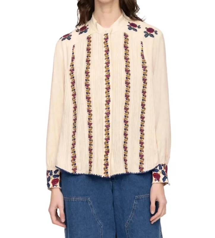 Nan Silk Embroidery Pintucked Top In Beige Fashion Deal