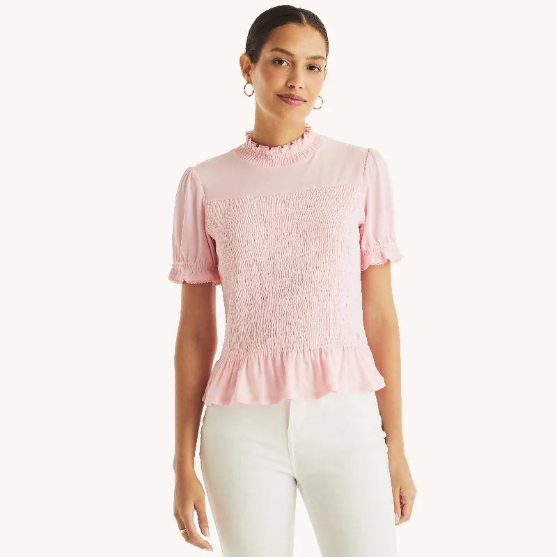 Nautica Womens Mock-Neck Smocked Top Seasonal Sale