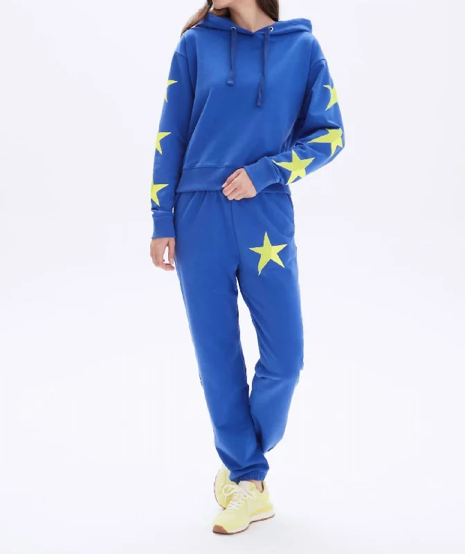 Neon Star Cropped Pullover Hoodie Top In Electric Blue Gift Ideas