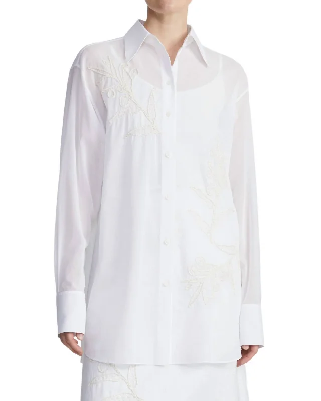 New York Floral Embroidered Oversize Shirt In White Mid Season Sale