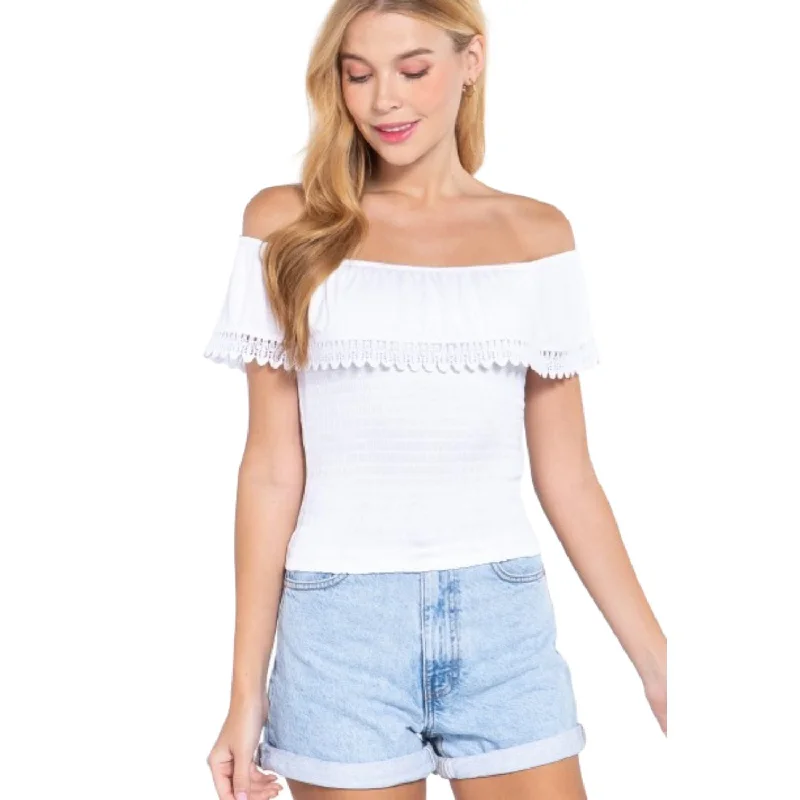 Off Shoulder W/lace Smocked Top Stylish Looks