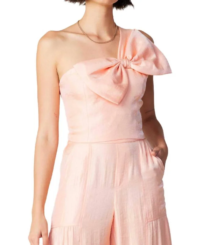 One Shoulder Top With Ribbon And Smocked Back In Apricot Luxury Style