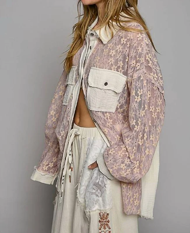 Oversize Pocket Front Lace Button Down Shirt In Lavender Season Sale