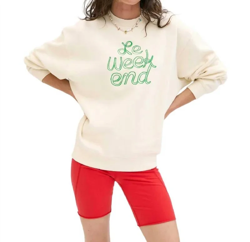 Oversized Le Weekend Sweatshirt In Cream W/ Green Embroidered Trendy Women's Collection