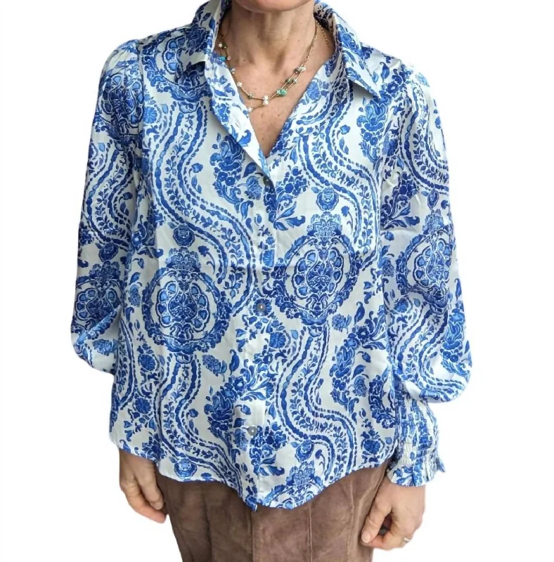 Paisley Button Down Blouse In Royal Blue Daily Essentials