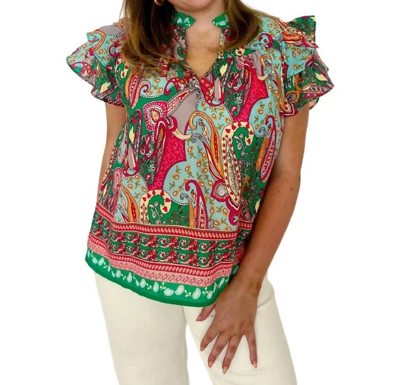 Paisley Flutter Sleeve Yoke Top In Green Limited Stock