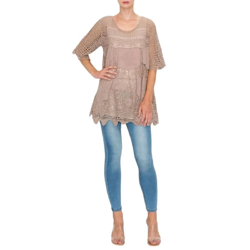 Paula Crochet Lace Top In Taupe Chic Style