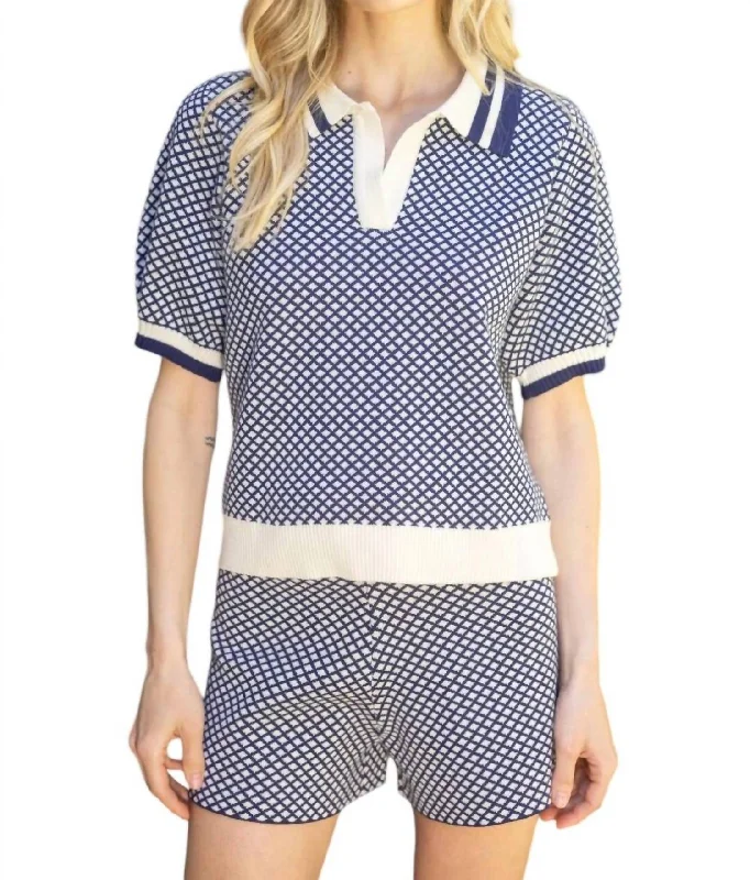 Paula Diamond Print Collared Knit Top In Navy Limited Time Special Offer