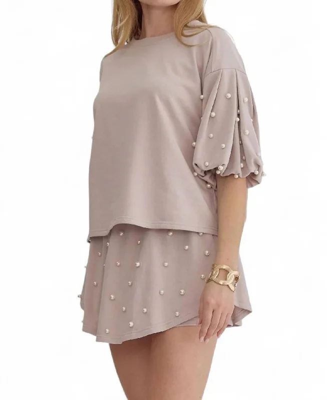 Pearl Embellished Bubble Sleeve Top In Light Mocha Vintage Charm