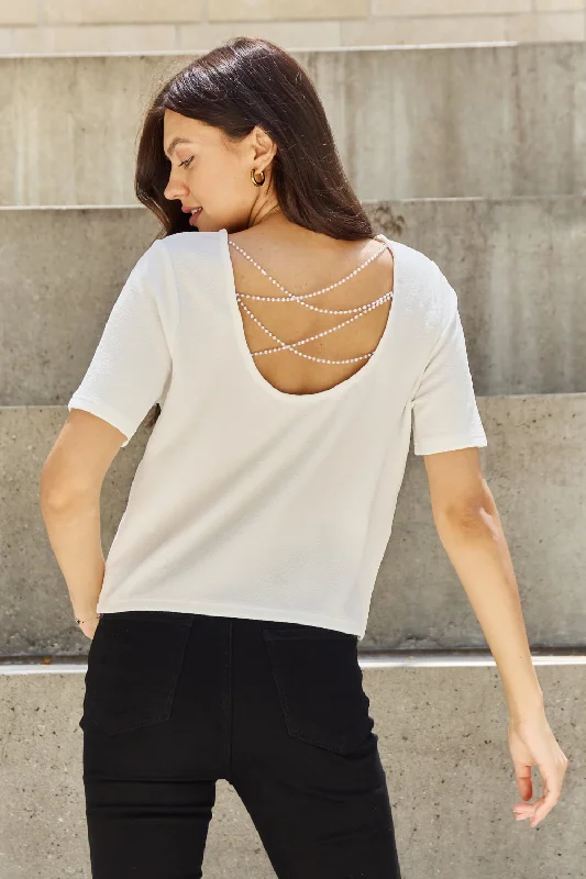 Pearly White Full Size Criss Cross Pearl Detail Open Back T-Shirt From Casual To Classy