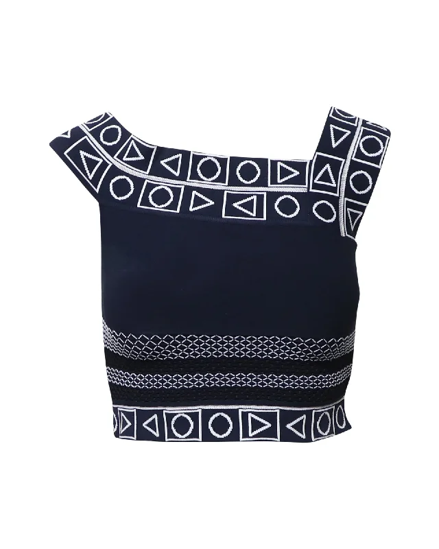 Peter Pilotto Geometric Print Sleeveless Cropped Top in Navy Blue Viscose Seasonal Clearance