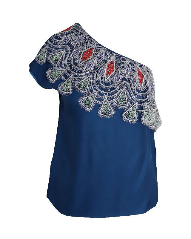 Peter Pilotto One Shoulder Embroidered Top in Blue Viscose Anniversary Sale