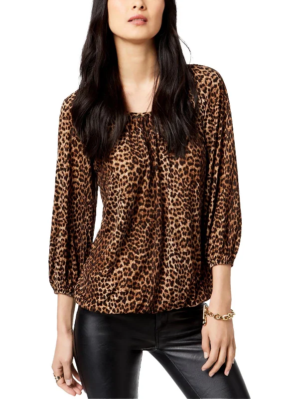 Petites Womens Animal Print Scoop Neck Peasant Top Ends Soon