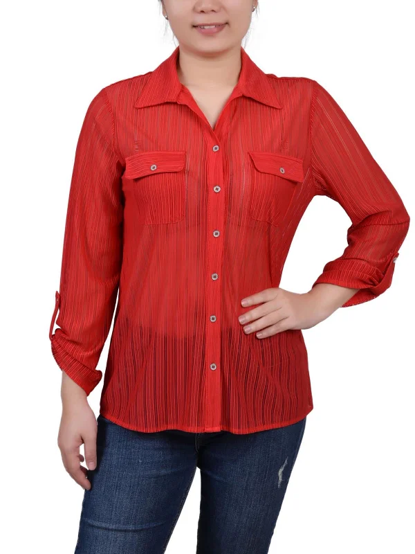 Petites Womens Collared Adjustable Sleeve Button-Down Top Odd Size Clearance Sale