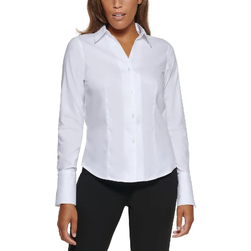 Petites Womens Cotton Collar Button-Down Top Budget Friendly Fashion