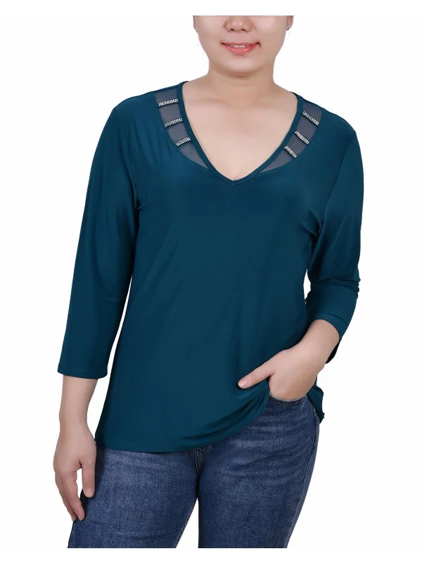 Petites Womens Embellished Mesh Inset Pullover Top Additional Time-Limited Offers