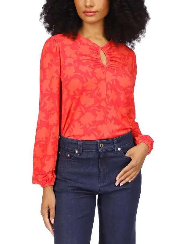 Petites Womens Keyhole Long Sleeve Blouse Score Big On Glamorous Red - Carpet Styles