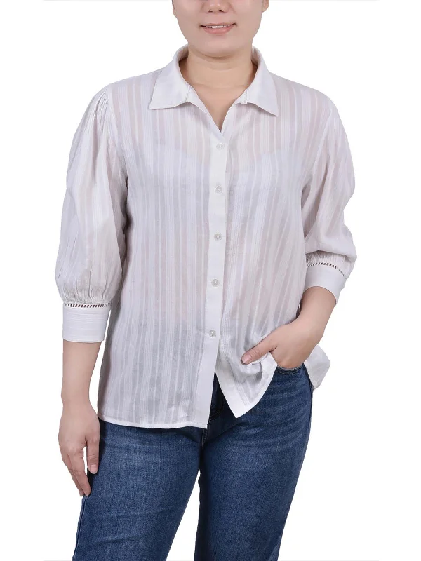 Petites Womens Ladder Stitch Collar Button-Down Top Parisian Effortless Chic Style