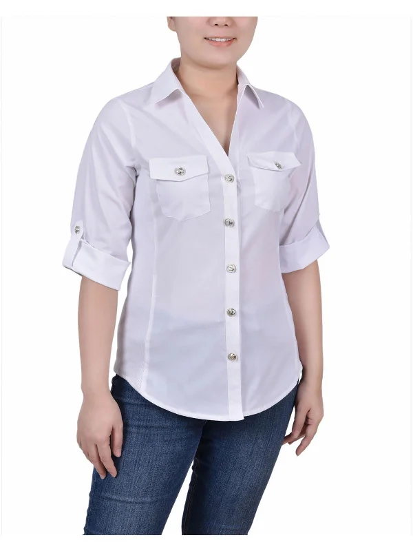 Petites Womens Mixed Media Collared Button-Down Top Sale Event, Prices Rock