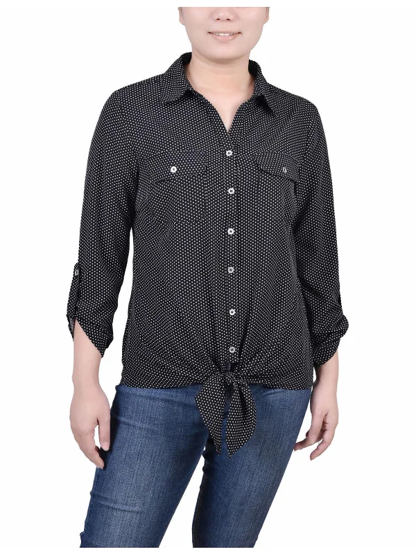 Petites Womens Polka Dot Tie Front Button-Down Top Flowy Fabric