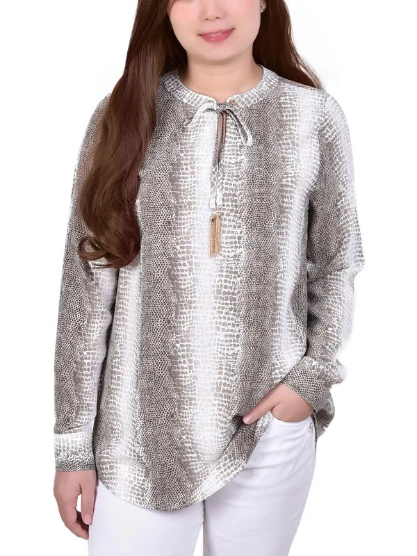 Petites Womens Printed Tassel Blouse Hot Brand Discounts