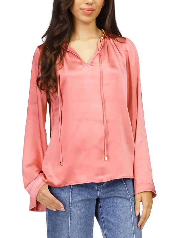 Petites Womens Satin Chain Neck Blouse Runway Inspired Wear