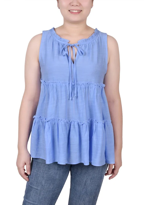 Petites Womens Sleeveless Tiered Blouse Elegant Clothing