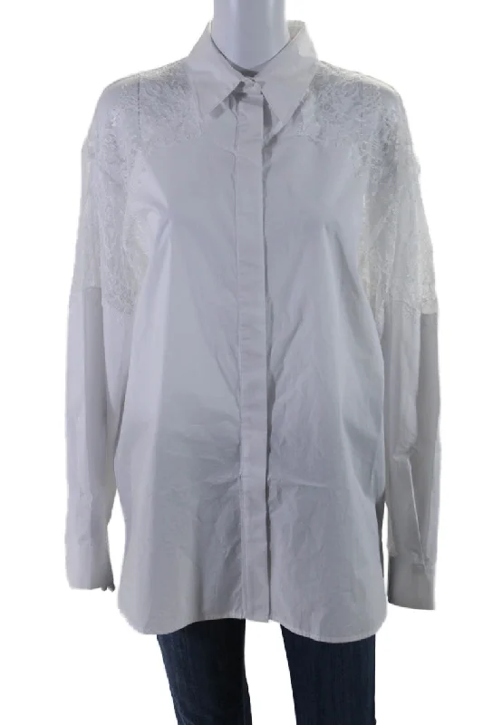 Pinko Womens White Cotton Lace Trim Collar Long Sleeve Button Down Shirt Spring Fashion