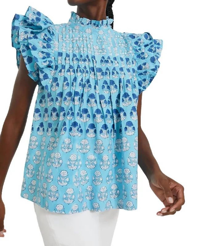 Pintuck Ruffle Top In Blue Laguna Trend Forward Women's Wear