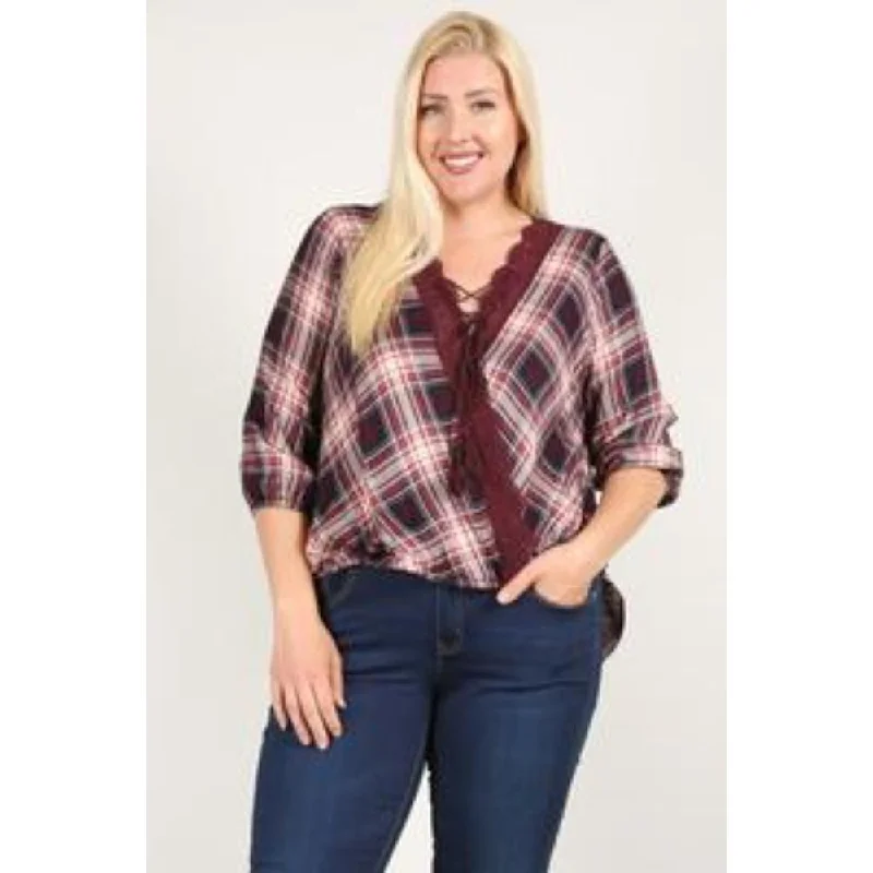 Plaid 3/4 Sleeve Top With Hi-lo Hem, V-neckline, And Relaxed Fit New Arrivals