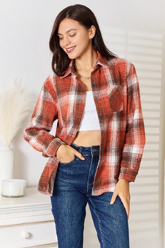 Plaid Collared Neck Long Sleeve Shirt Limited Time Offer