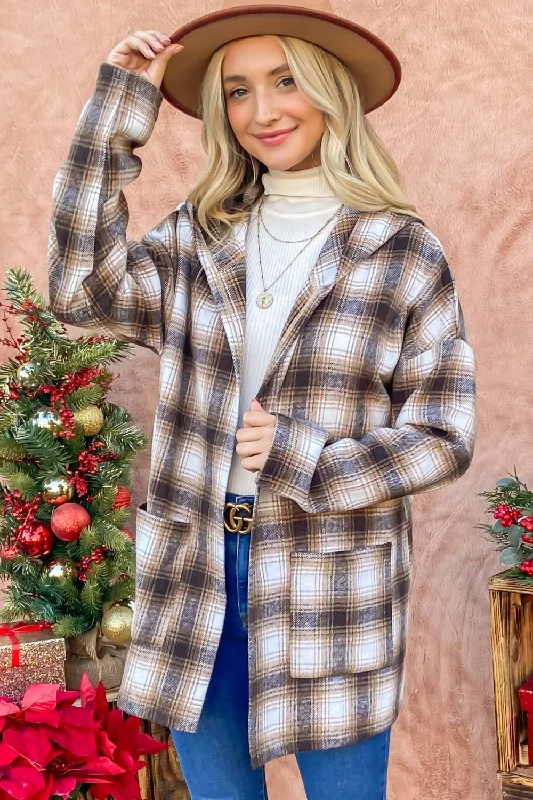 Plaid Open Front Hooded Shacket Clearance Event