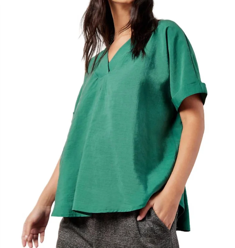 Pleat Detail V-Neck Top In Green Trendy And Individual Women's Fashion