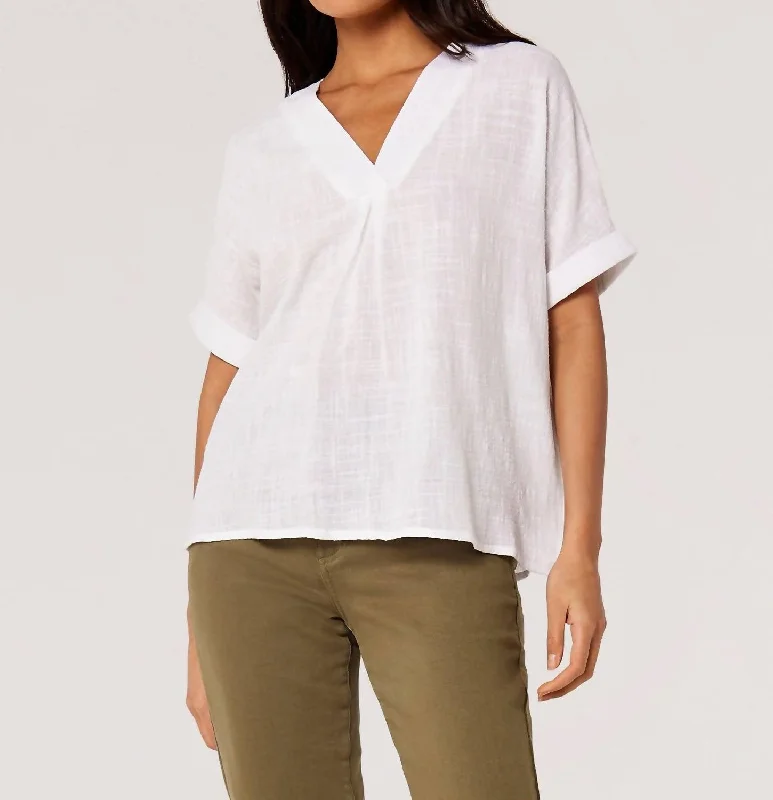 Pleat Detail V-Neck Top In White Effortless Chic Apparel