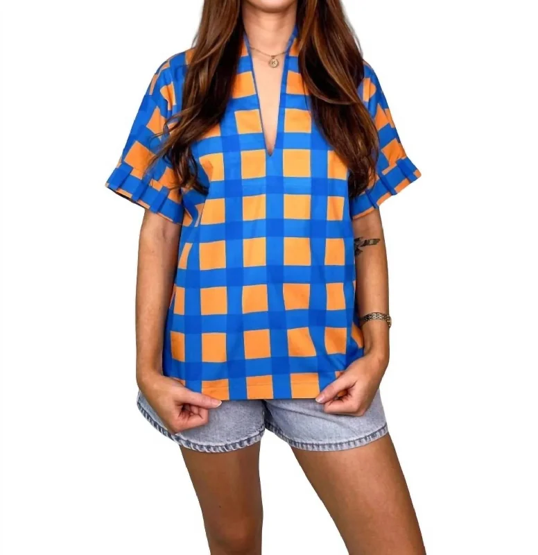 Pleated Kimono Top In Blue / Orange Check Fashion Forward, Function First