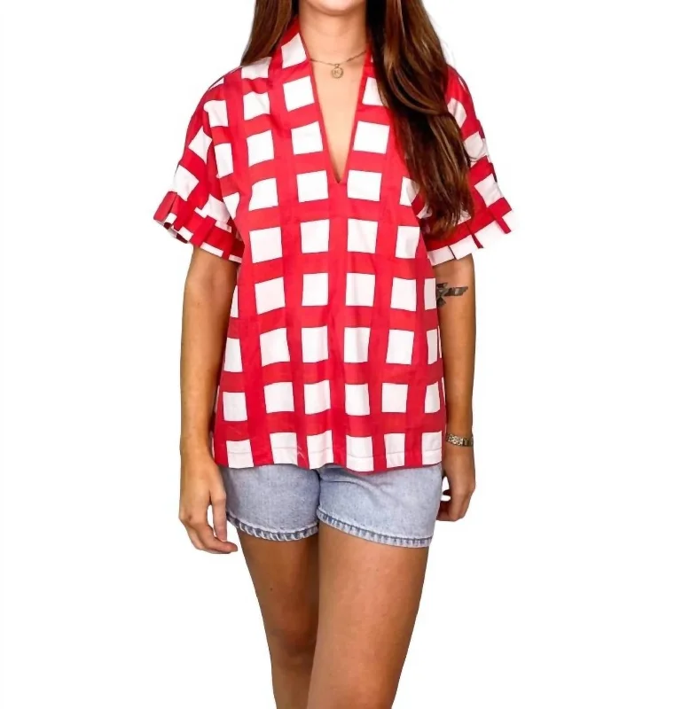 Pleated Kimono Top In Red Check Find Your Unique Flair