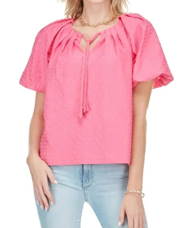 Pleated Puff Sleeve Top In Pink Holiday Glam