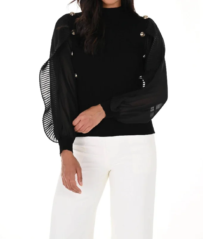 Pleated Sleeve Button Top In Black Limited Styles