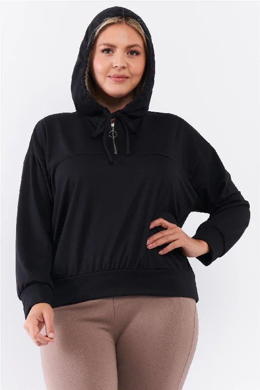 Plus Black Oversize High Neck Zip-up Detail Draw String Tie Hoodie Sweatshirt Art Deco Geometric Pattern Look