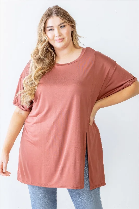 Plus Brick Round Neck Short Sleeve Relax Top Unbeatable Prices