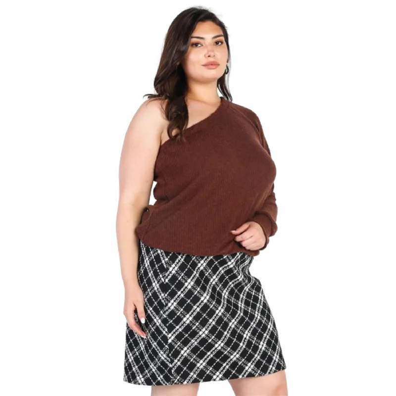 Plus Brown Ribbed Textured One Shoulder Top Athleisure Wear Promotion