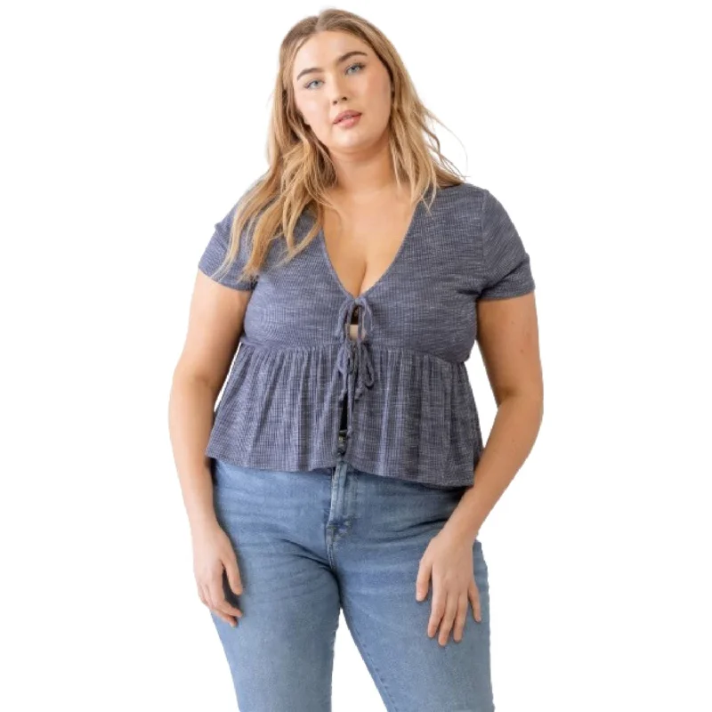 Plus Denim Blue Ribbed U-shape Neck Flare Hem Tie Top Budget Friendly Fashion