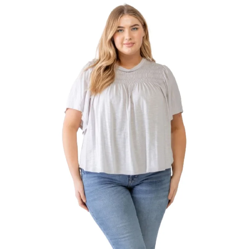 Plus Grey Cotton Blend Smoked Short Sleeve Top Popular Collection