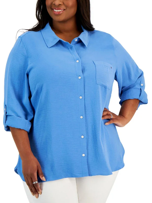 Plus Heritage Womens Collared Pocket Button-Down Top Limited Time Offers