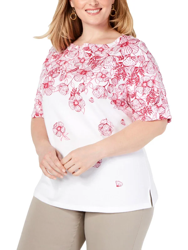 Plus Magnolia Womens Floral Cuffed-Sleeve T-Shirt Athleisure Wear Special Offer