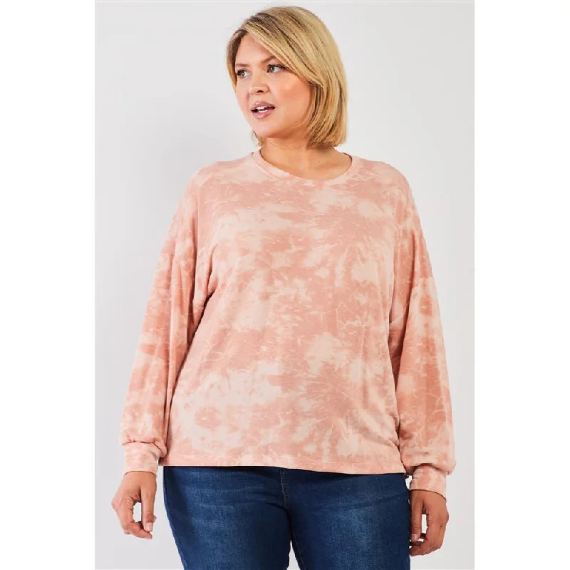 Plus Marsala Tie-dye Print Crew Neck Long Sleeve Loose Fit Sweatshirt Coastal Beach - Inspired Style