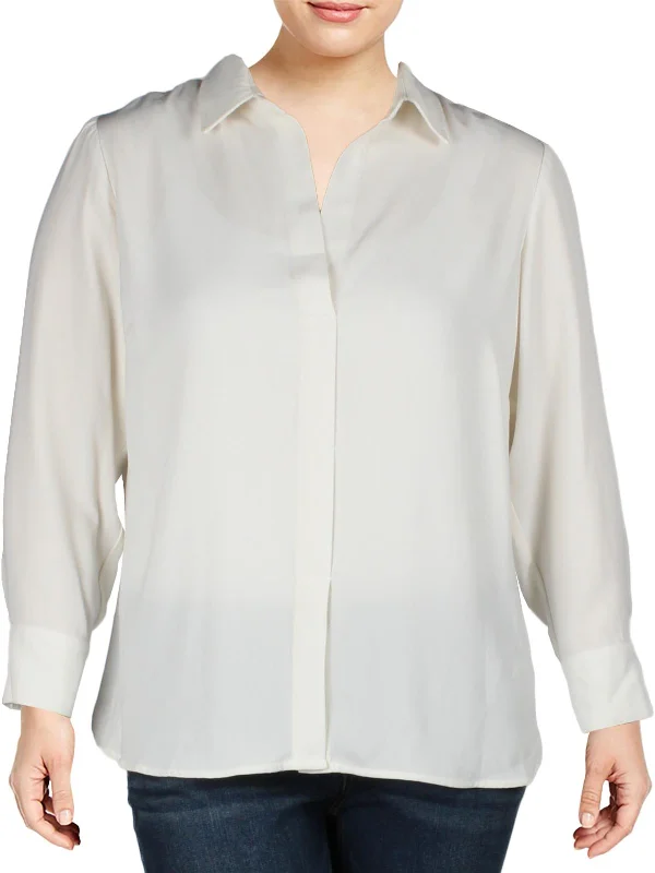 Plus Najila Womens Split Neck Collared Blouse Relaxed Style