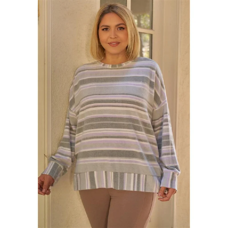 Plus Sage & Lavender Stripped Super Soft Sweatshirt Vibrant Styles